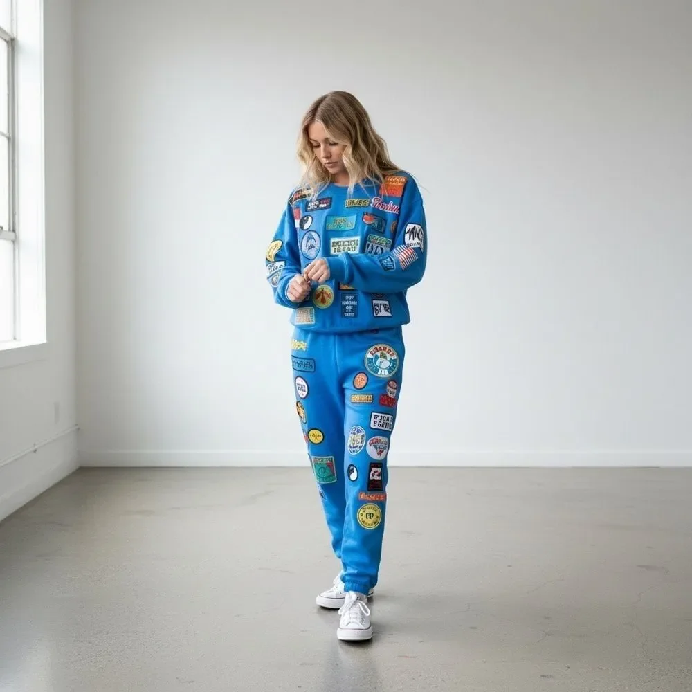 Aviator Nation VINTAGE PATCH CREW & SWEATPANTS - OCEAN - Picture 1 of 10